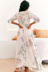 Indiana Maxi Dress - Lace Back Shirred Waist A Line Dress with Handkerchief Hemline in Blooming Bouquet Print