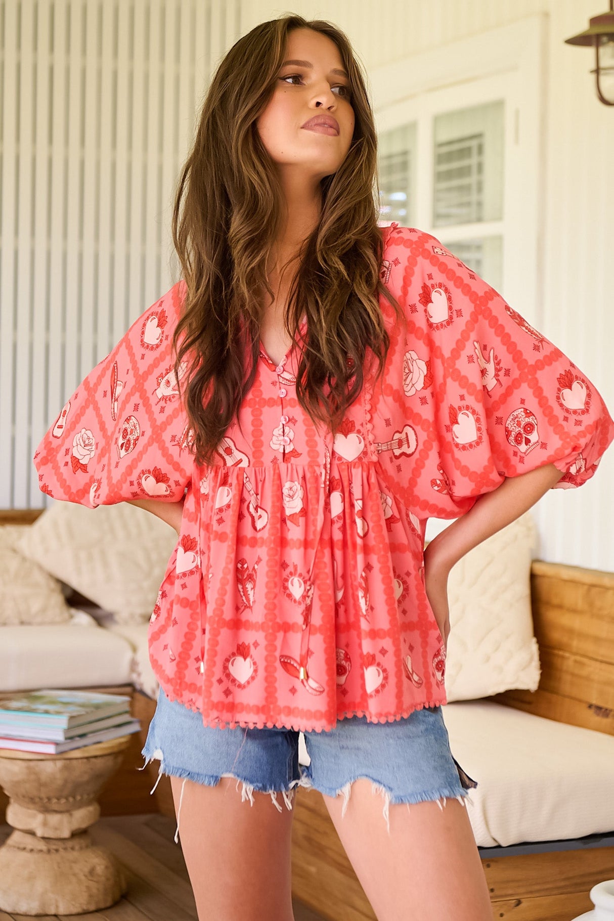 JAASE - Temple Blouse: Billow Sleeve Smock Top in Zamora Print