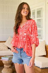 JAASE - Temple Blouse: Billow Sleeve Smock Top in Zamora Print