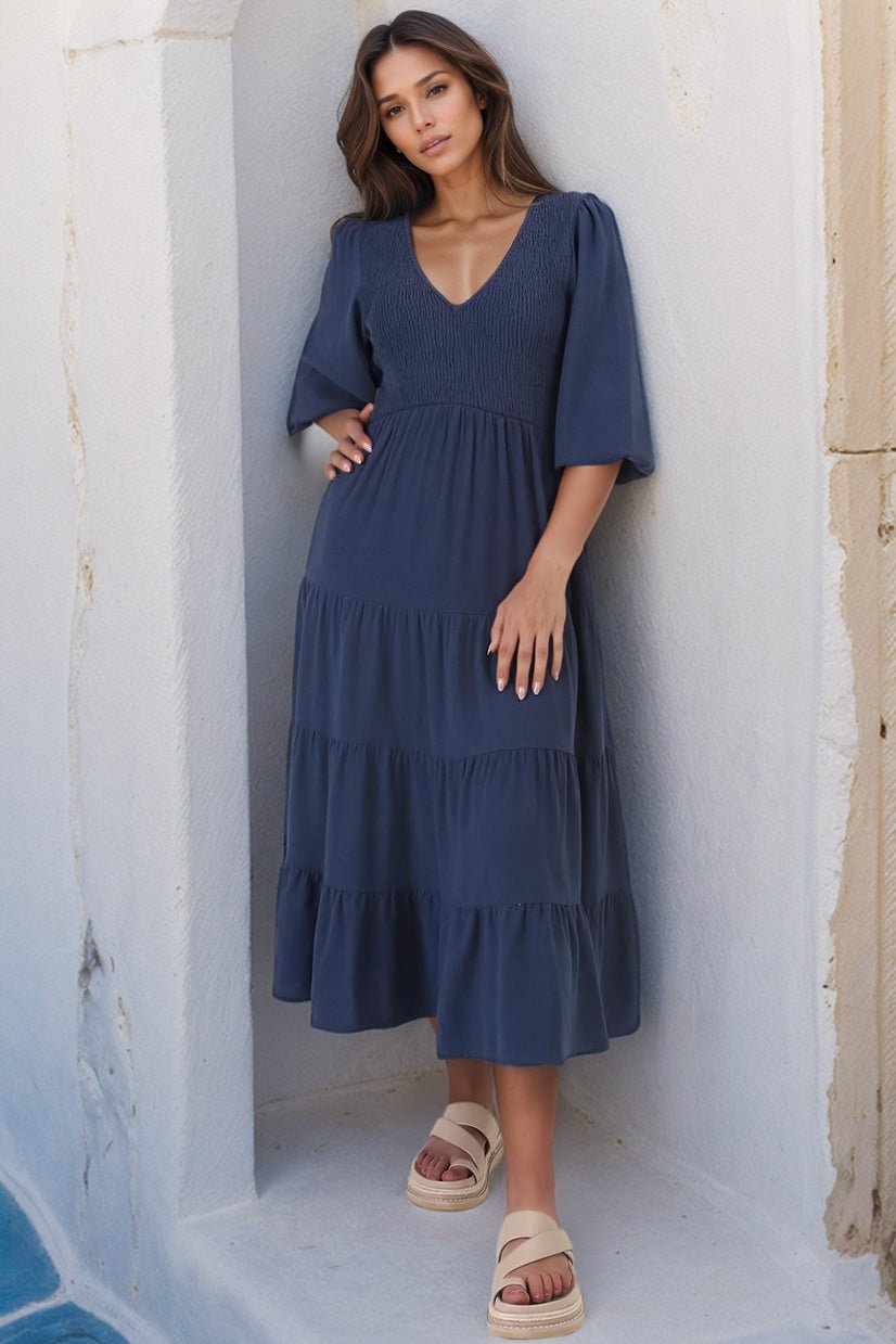 Lellah Midi Dress - Shirred Bodice Soft V Neck Tiered Dress in Navy