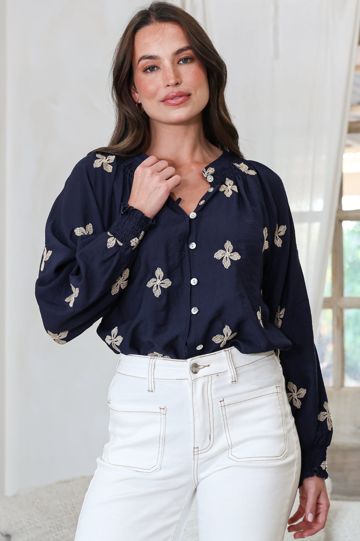 LaBrea Blouse - Mandarin Collar Button Down Embroidered Floral Detailing in Gigi Print Navy