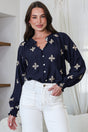 Model wearing LaBrea Blouse in Gigi Print Navy from Salty Crush