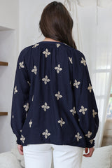LaBrea Blouse - Mandarin Collar Button Down Embroidered Floral Detailing in Gigi Print Navy