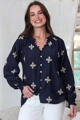 LaBrea Blouse - Mandarin Collar Button Down Embroidered Floral Detailing in Gigi Print Navy