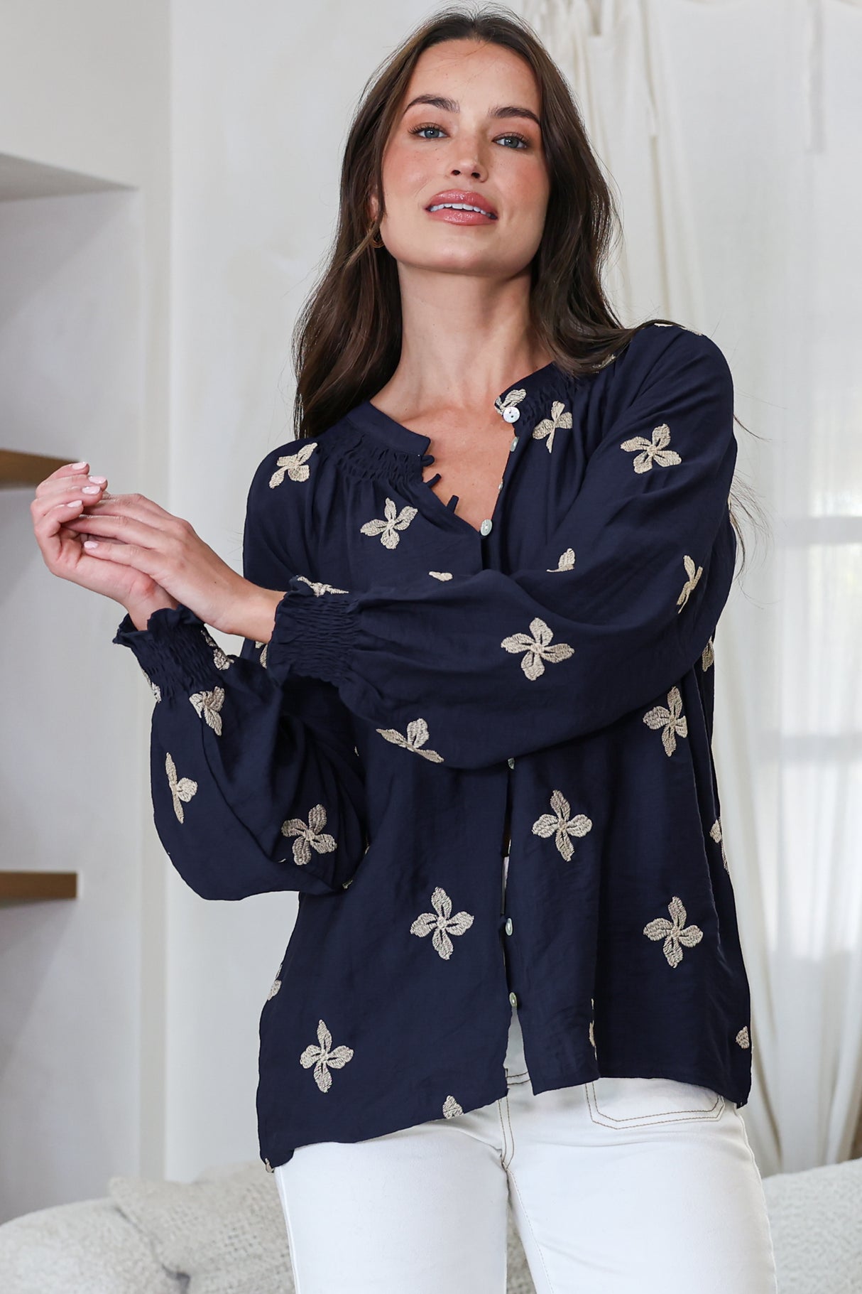 LaBrea Blouse - Mandarin Collar Button Down Embroidered Floral Detailing in Gigi Print Navy