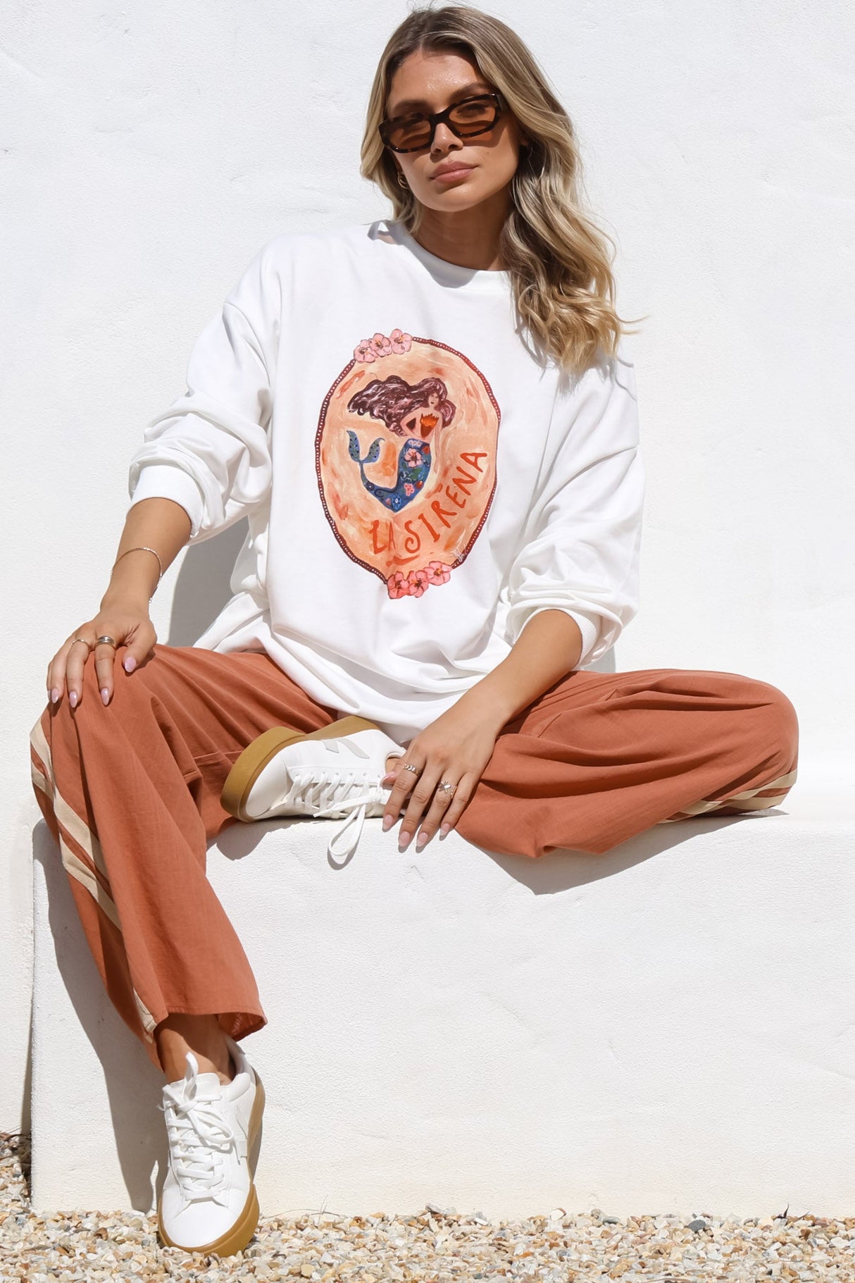 La Sirena Set - Graphic Long Sleeve Top and Pants with Stripe Accent in Orange