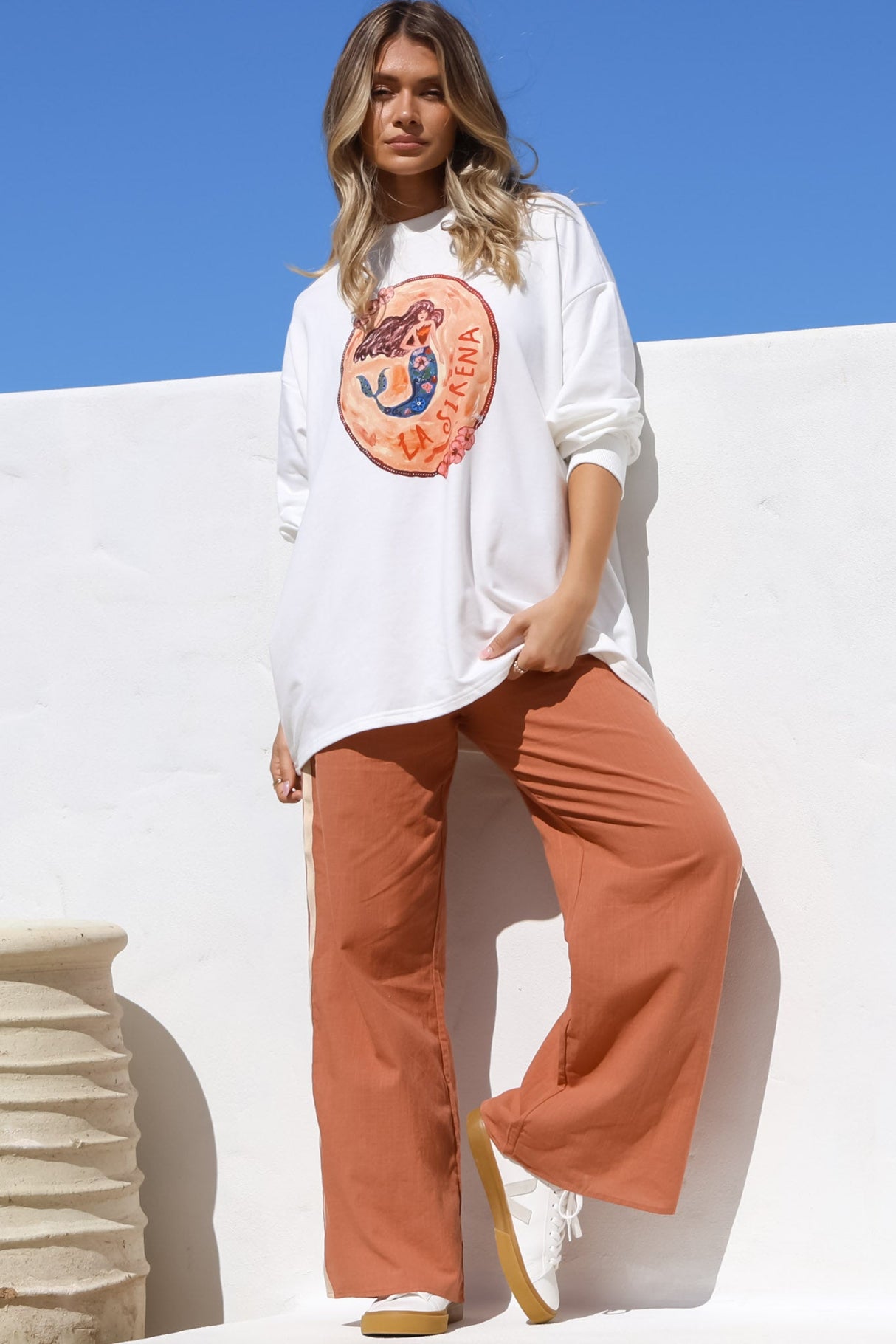 La Sirena Set - Graphic Long Sleeve Top and Pants with Stripe Accent in Orange