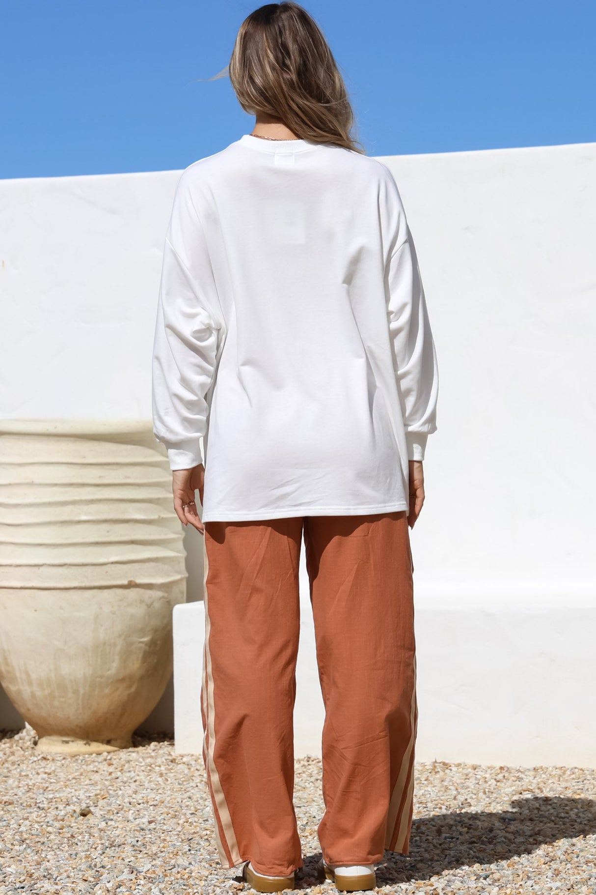 La Sirena Set - Graphic Long Sleeve Top and Pants with Stripe Accent in Orange