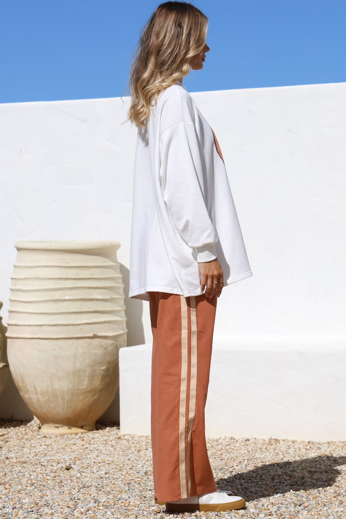 La Sirena Set - Graphic Long Sleeve Top and Pants with Stripe Accent in Orange