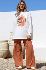 La Sirena Set - Graphic Long Sleeve Top and Pants with Stripe Accent in Orange