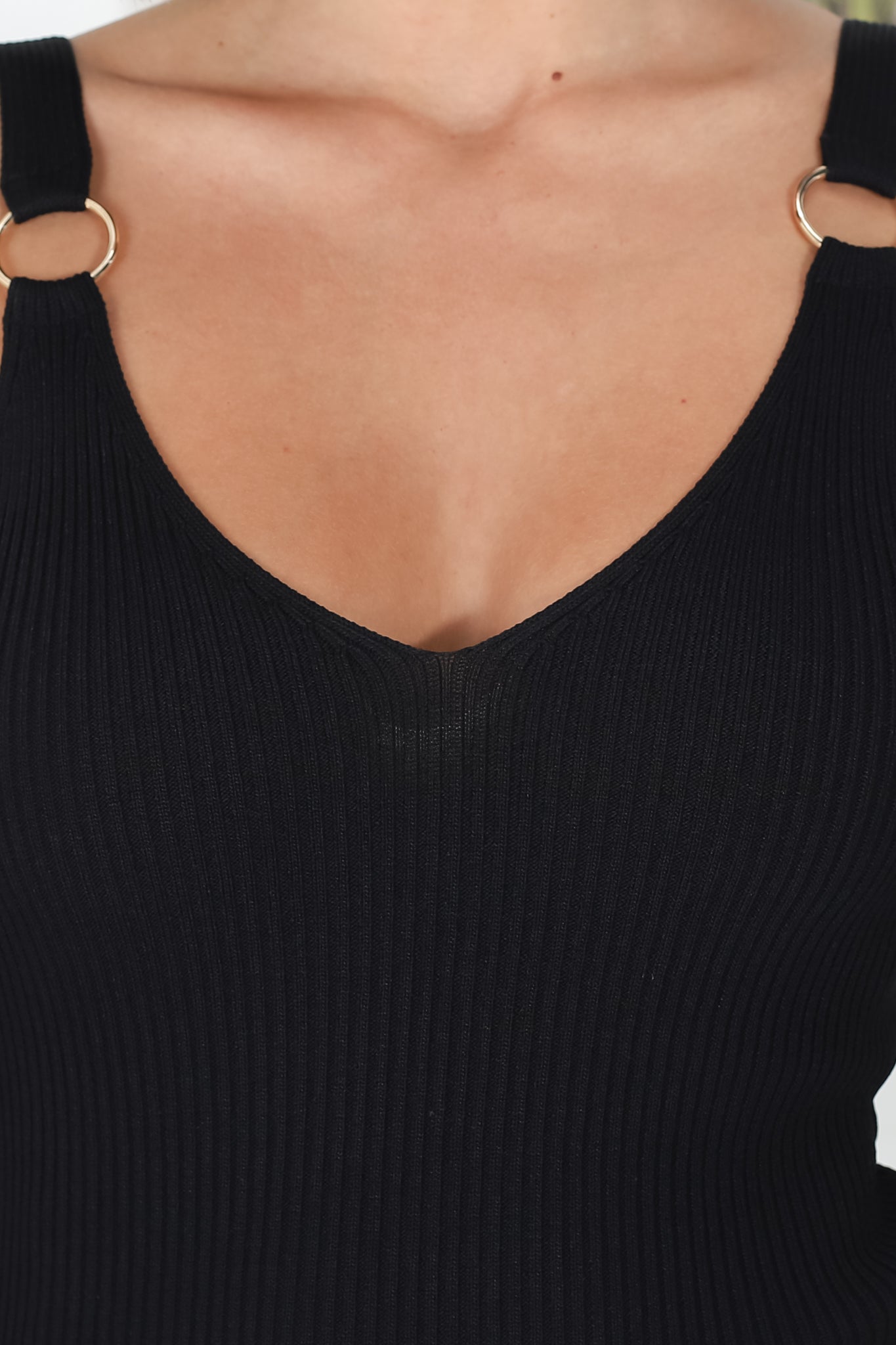 Lacen Ribbed Top - Gold Ring Detail V Neck Singlet Top in Black