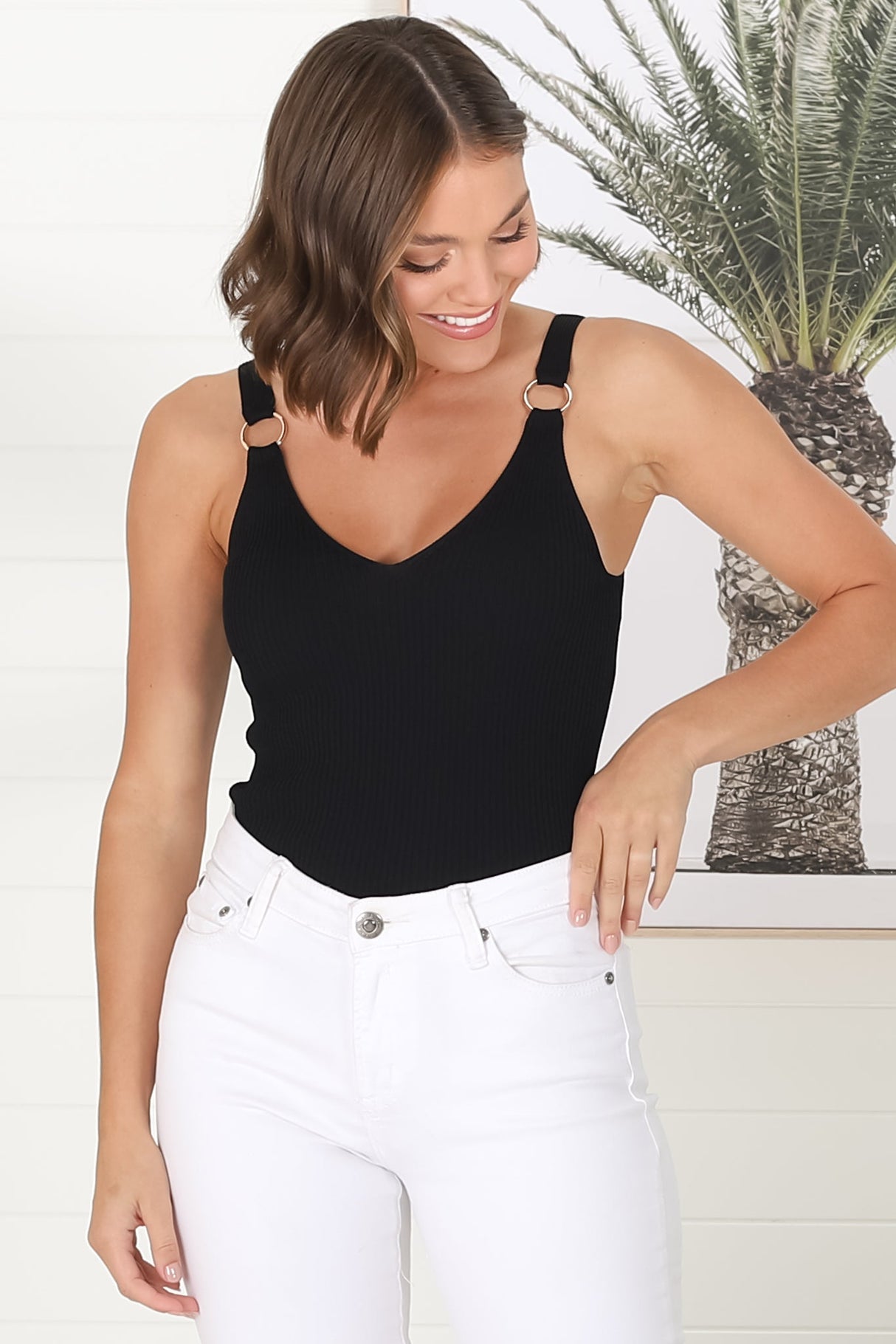 Lacen Ribbed Top - Gold Ring Detail V Neck Singlet Top in Black