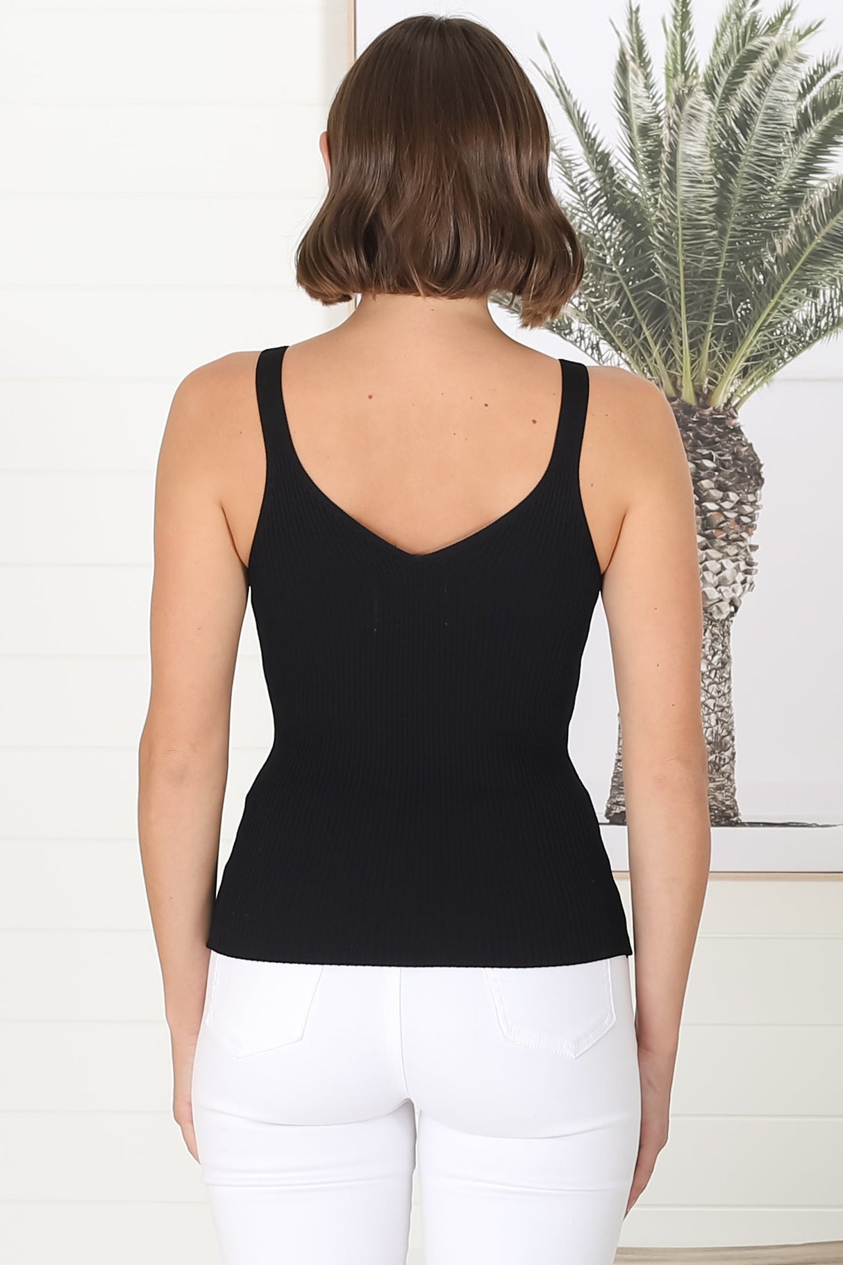 Lacen Ribbed Top - Gold Ring Detail V Neck Singlet Top in Black