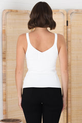 Lacen Ribbed Top - Gold Ring Detail V Neck Singlet Top in White