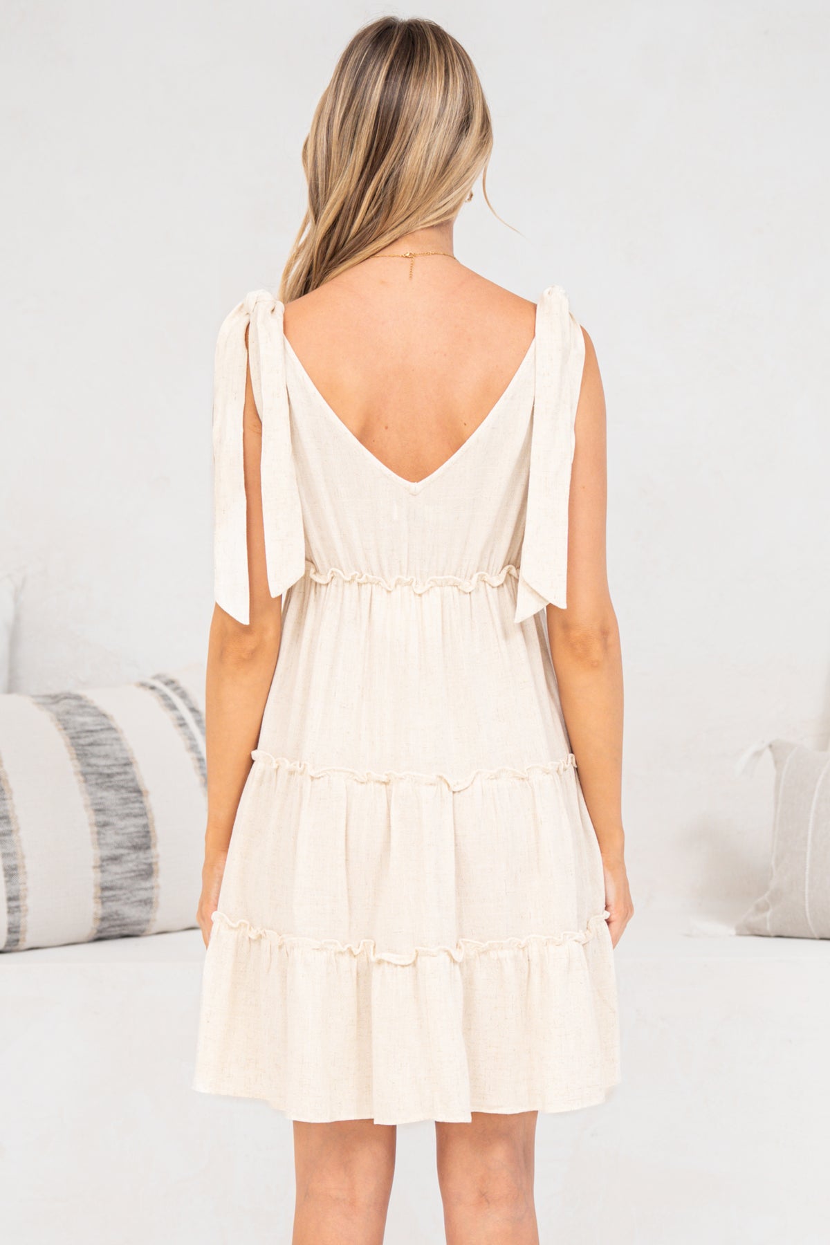 Lacy Mini Dress - Tie on Shoulder Strap Frill Splicing Tiered Sun Dress in Beige