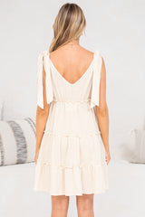 Lacy Mini Dress - Tie on Shoulder Strap Frill Splicing Tiered Sun Dress in Beige