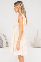 Lacy Mini Dress - Tie on Shoulder Strap Frill Splicing Tiered Sun Dress in Beige