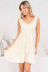 Lacy Mini Dress - Tie on Shoulder Strap Frill Splicing Tiered Sun Dress in Beige