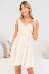 Lacy Mini Dress - Tie on Shoulder Strap Frill Splicing Tiered Sun Dress in Beige