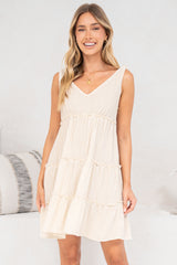 Lacy Mini Dress - Tie on Shoulder Strap Frill Splicing Tiered Sun Dress in Beige
