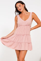 Lacy Mini Dress - Tie on Shoulder Strap Frill Splicing Tiered Sun Dress in Blush