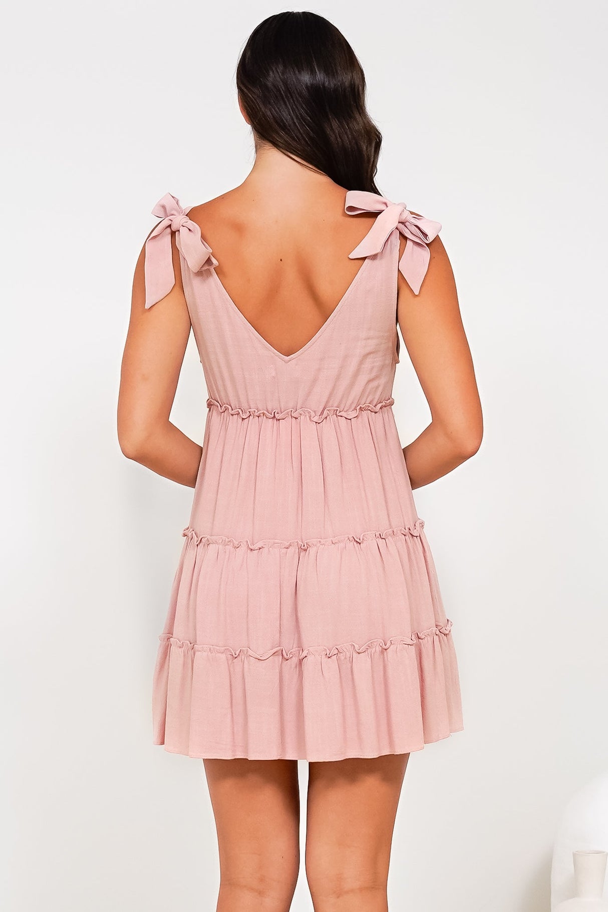 Lacy Mini Dress - Tie on Shoulder Strap Frill Splicing Tiered Sun Dress in Blush