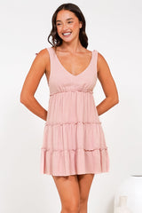 Lacy Mini Dress - Tie on Shoulder Strap Frill Splicing Tiered Sun Dress in Blush