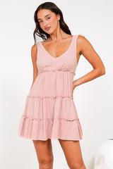 Lacy Mini Dress - Tie on Shoulder Strap Frill Splicing Tiered Sun Dress in Blush
