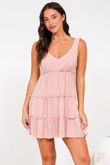 Lacy Mini Dress - Tie on Shoulder Strap Frill Splicing Tiered Sun Dress in Blush