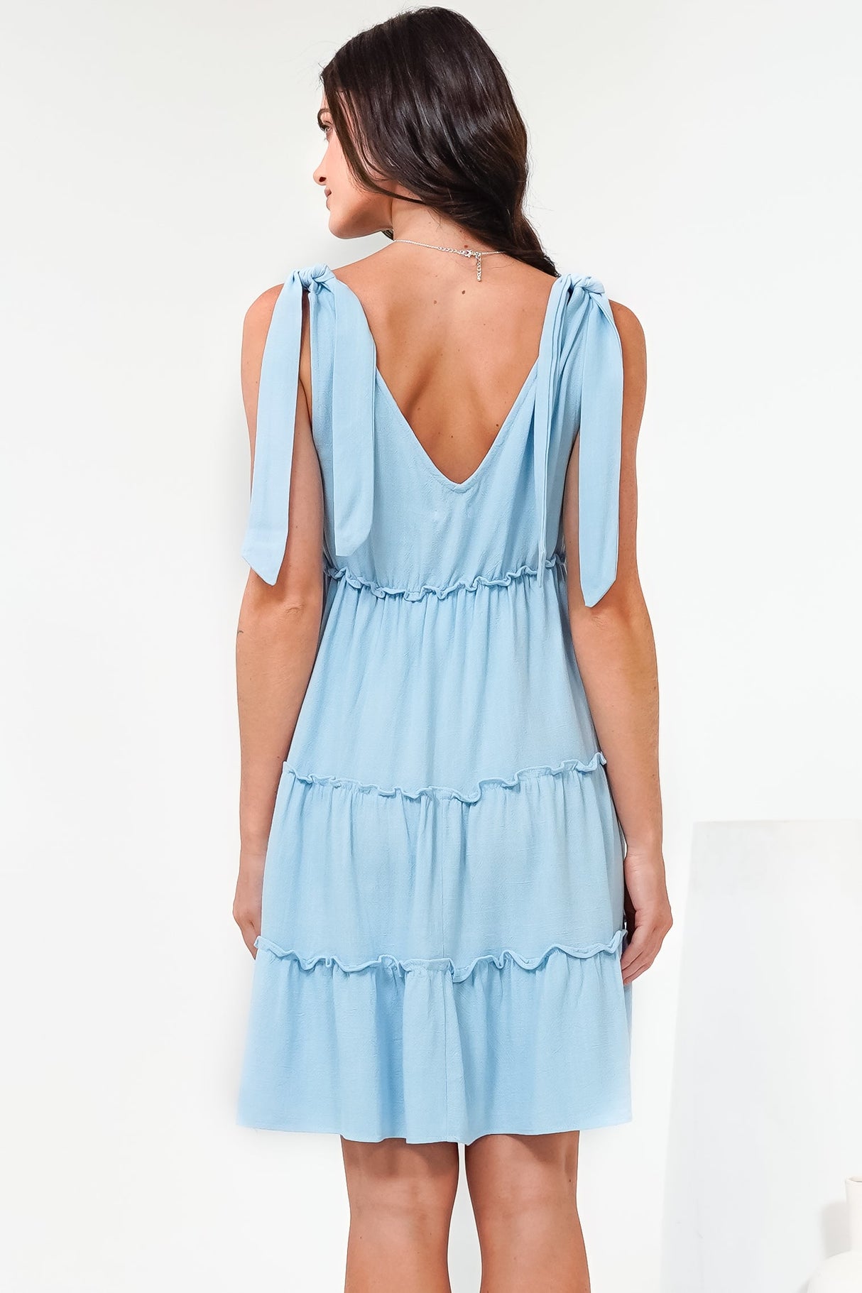 Lacy Mini Dress - Tie on Shoulder Strap Frill Splicing Tiered Sun Dress in Light Blue