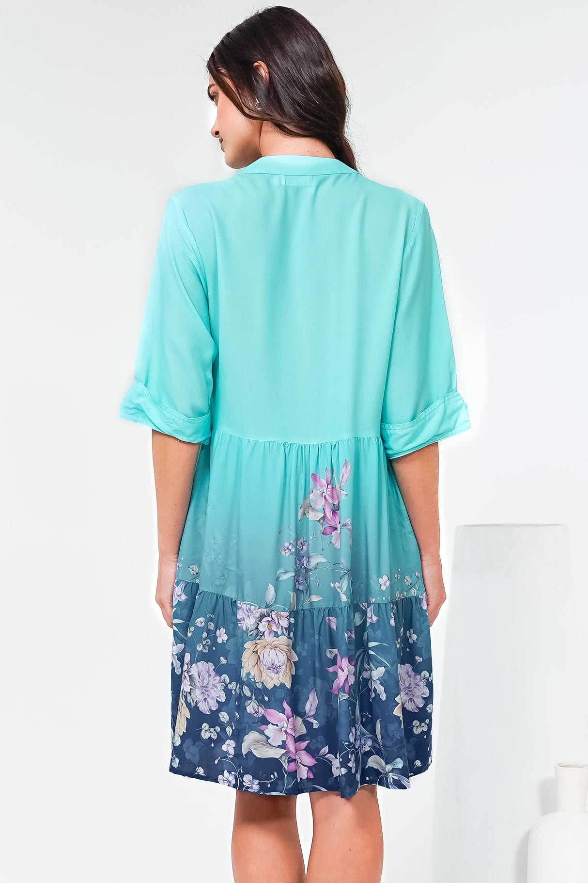 Evie Mini Dress - 3/4 Sleeve Tiered Smock Dress in Candyce Print Blue