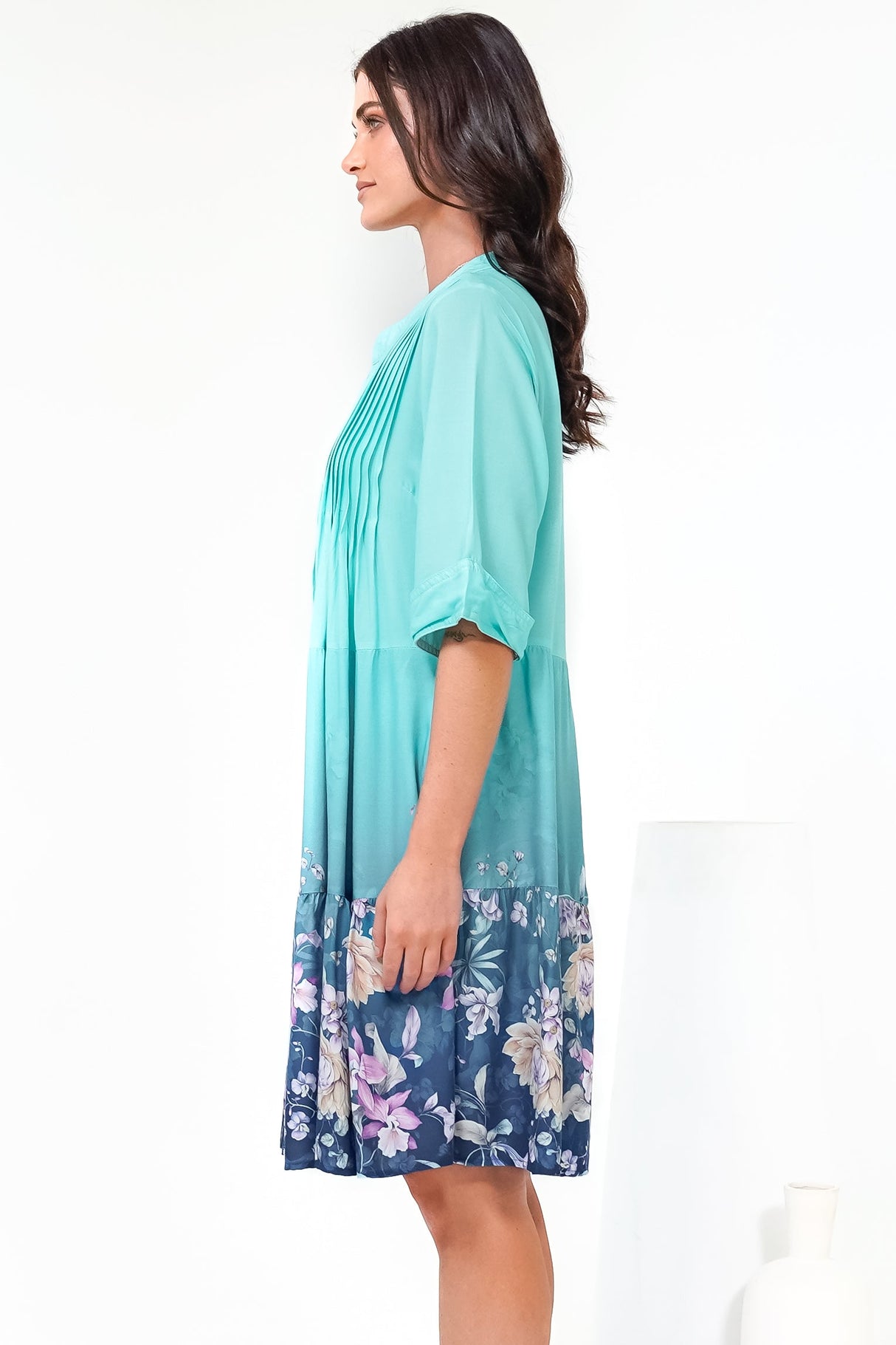 Evie Mini Dress - 3/4 Sleeve Tiered Smock Dress in Candyce Print Blue