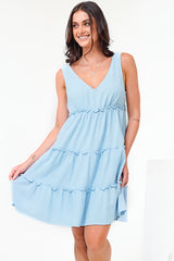 Lacy Mini Dress - Tie on Shoulder Strap Frill Splicing Tiered Sun Dress in Light Blue