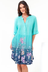 Evie Mini Dress - 3/4 Sleeve Tiered Smock Dress in Candyce Print Blue