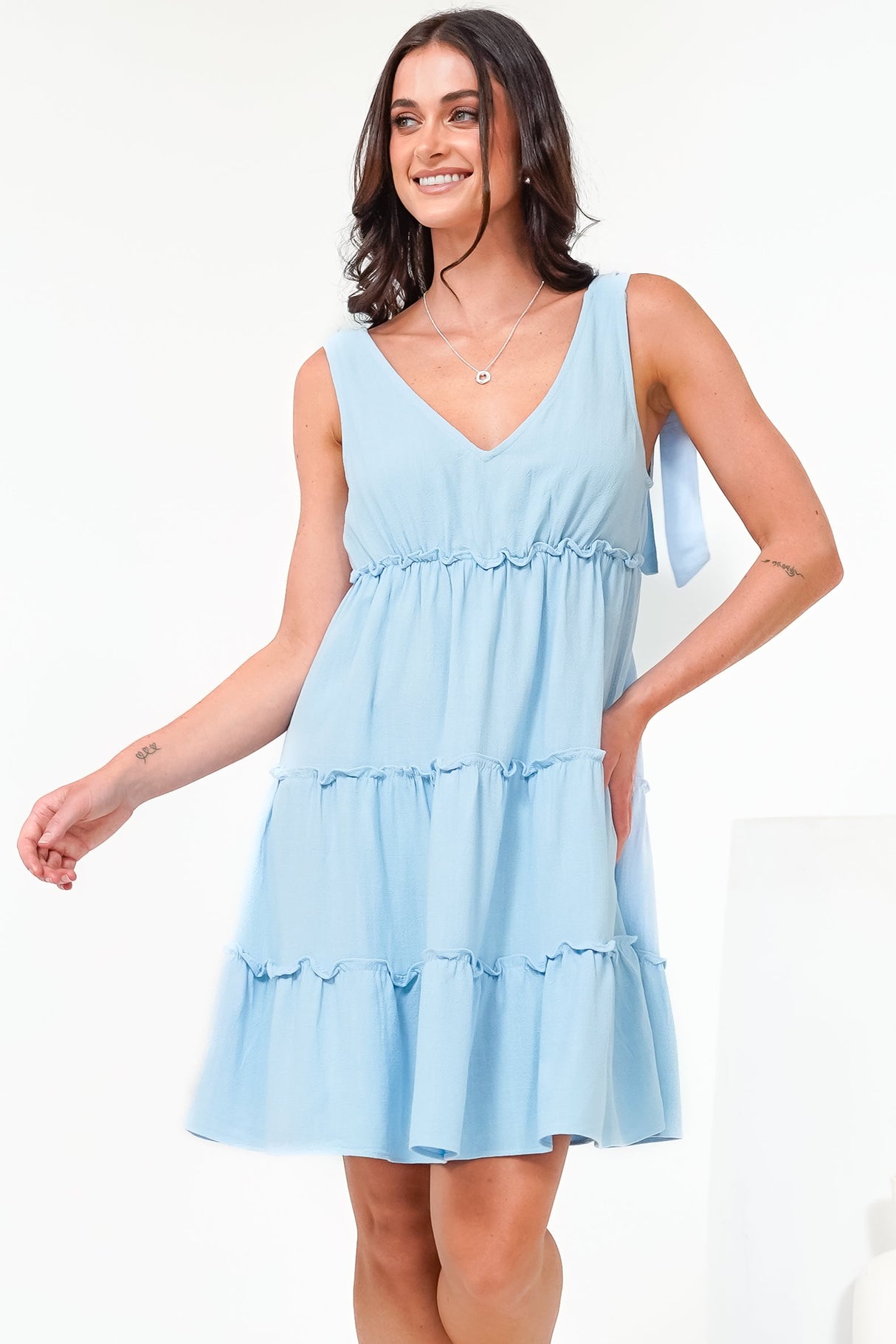 Lacy Mini Dress - Tie on Shoulder Strap Frill Splicing Tiered Sun Dress in Light Blue
