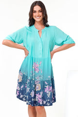 Evie Mini Dress - 3/4 Sleeve Tiered Smock Dress in Candyce Print Blue