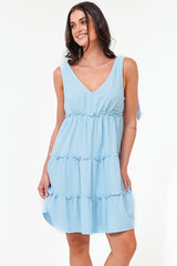 Lacy Mini Dress - Tie on Shoulder Strap Frill Splicing Tiered Sun Dress in Light Blue