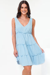 Lacy Mini Dress - Tie on Shoulder Strap Frill Splicing Tiered Sun Dress in Light Blue