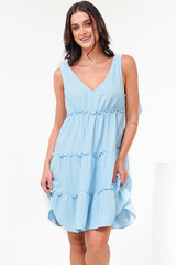 Lacy Mini Dress - Tie on Shoulder Strap Frill Splicing Tiered Sun Dress in Light Blue