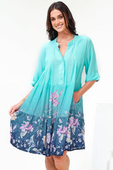 Evie Mini Dress - 3/4 Sleeve Tiered Smock Dress in Candyce Print Blue