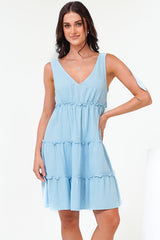 Lacy Mini Dress - Tie on Shoulder Strap Frill Splicing Tiered Sun Dress in Light Blue