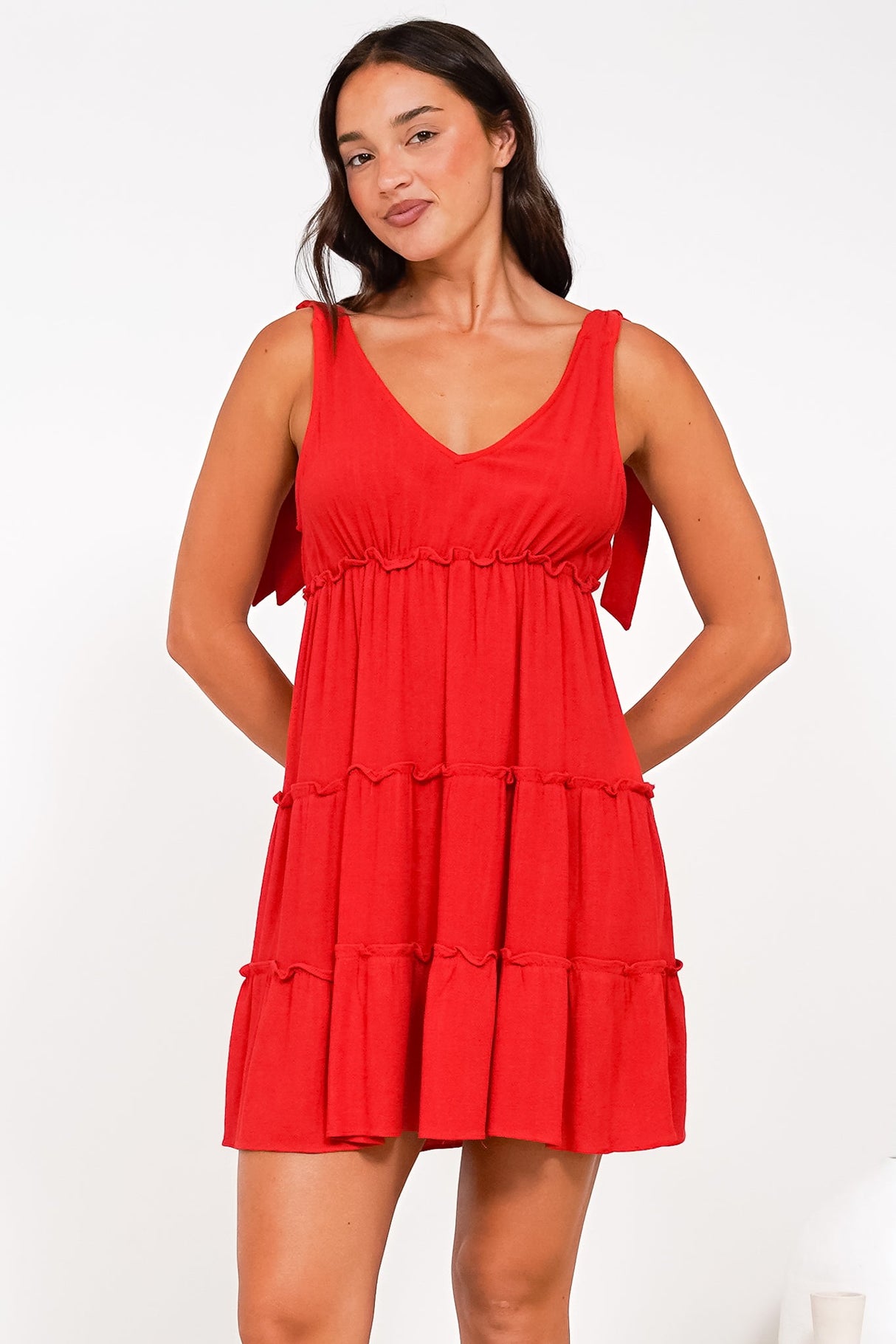 Lacy Mini Dress - Tie on Shoulder Strap Frill Splicing Tiered Sun Dress in Red