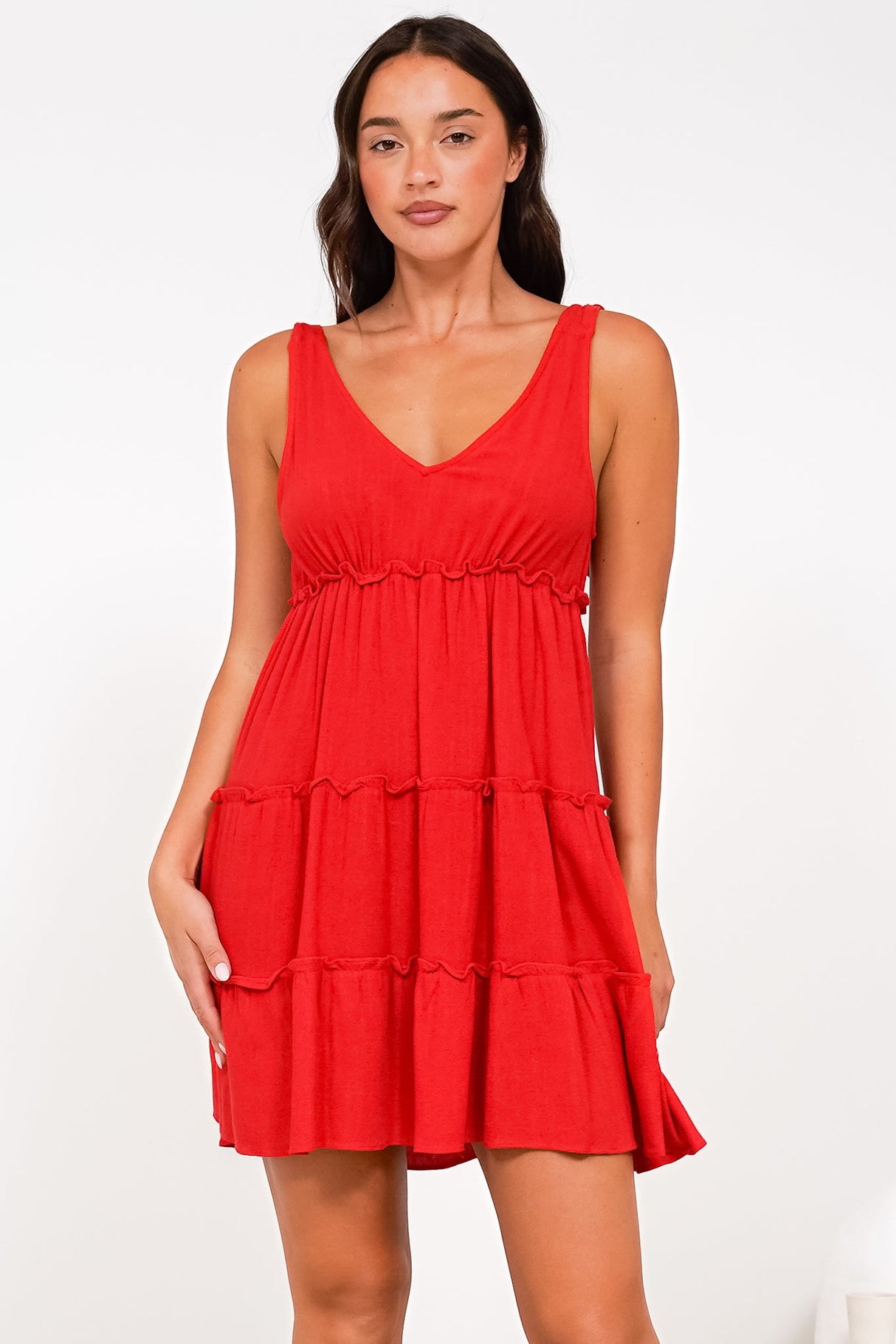 Lacy Mini Dress - Tie on Shoulder Strap Frill Splicing Tiered Sun Dress in Red