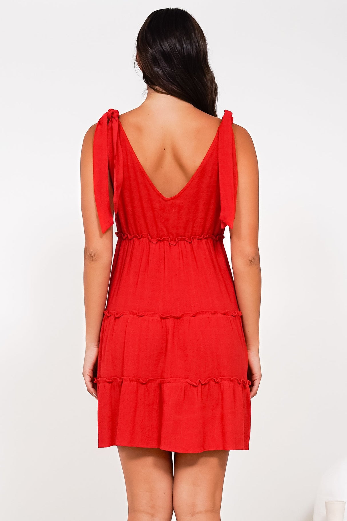 Lacy Mini Dress - Tie on Shoulder Strap Frill Splicing Tiered Sun Dress in Red