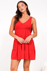 Lacy Mini Dress - Tie on Shoulder Strap Frill Splicing Tiered Sun Dress in Red