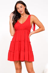 Lacy Mini Dress - Tie on Shoulder Strap Frill Splicing Tiered Sun Dress in Red