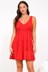 Lacy Mini Dress - Tie on Shoulder Strap Frill Splicing Tiered Sun Dress in Red