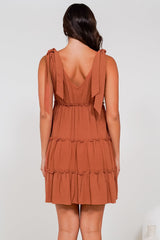 Lacy Mini Dress - Tie on Shoulder Strap Frill Splicing Tiered Sun Dress in Rust