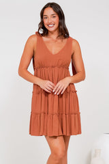 Lacy Mini Dress - Tie on Shoulder Strap Frill Splicing Tiered Sun Dress in Rust