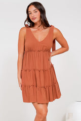Lacy Mini Dress - Tie on Shoulder Strap Frill Splicing Tiered Sun Dress in Rust